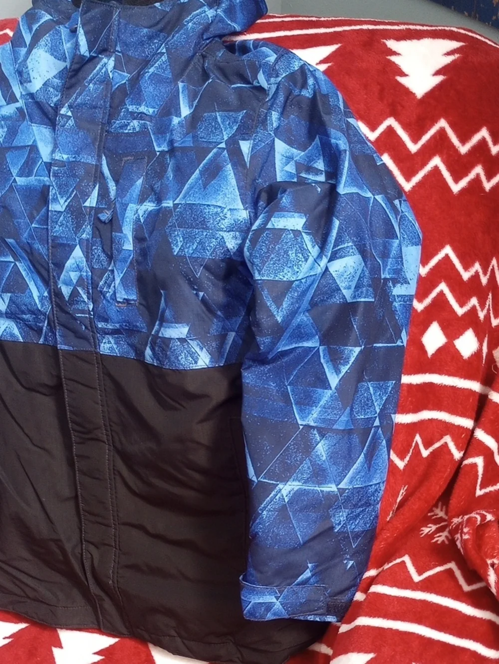 Place Blue Geometric Hooded Puffer Jacket with Black Panel